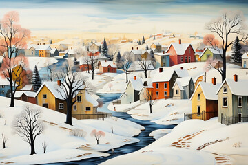 Winter Wonderland, Cozy Houses in a Snowy Landscape - obrazy, fototapety, plakaty