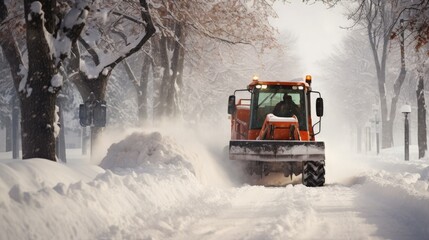 A snow plow in action clearing a snowy street during winter. Useful for companies providing snow removal and road maintenance services during winter.