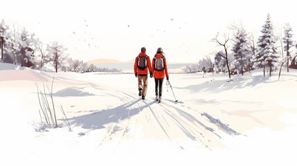 copy space, hand drawn vector illustration, couple walking in the show on snowshoes. Illustration for publicity on a ski resort. Copy space available. Winter sports theme. Couple walking in a winter l