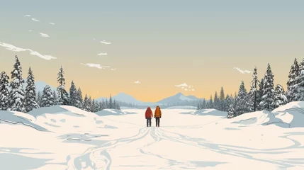 Poster copy space, hand drawn vector illustration, couple walking in the show on snowshoes. Illustration for publicity on a ski resort. Copy space available. Winter sports theme. Couple walking in a winter l © Dirk
