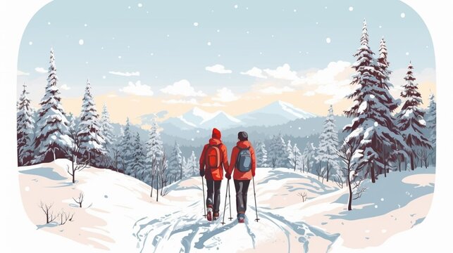 copy space, hand drawn vector illustration, couple walking in the show on snowshoes. Illustration for publicity on a ski resort. Copy space available. Winter sports theme. Couple walking in a winter l
