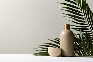 Simple backdrop for showcasing cosmetic product with bottle display and palm leaf on neutral grey. Isolated object with clipping path. Generative AI
