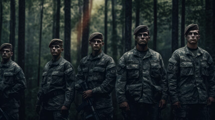 Fototapeta na wymiar Group of young soldiers in military uniform standing in a forest.
