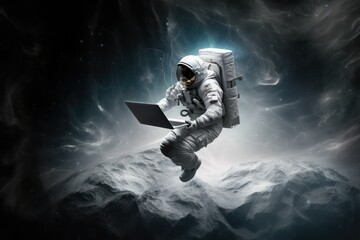 astronaut carrying a laptop on the moon - obrazy, fototapety, plakaty