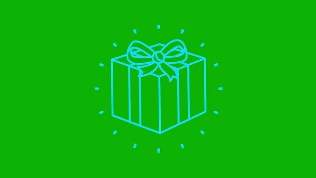 Animated icon of blue gift with rays around. Symbol of present. Linear vector illustration isolated on the green background.