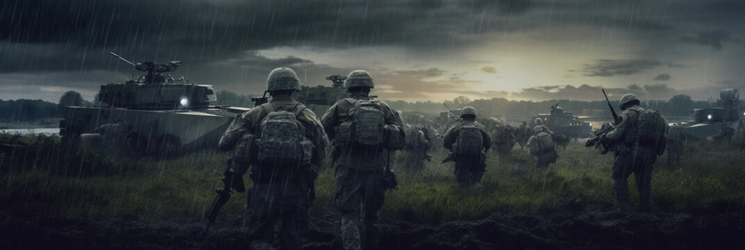 Military forces with radios on the battlefield.