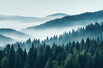 Aerial view landscape of Misty foggy mountain hills and forest, Beautiful fresh green natural scenery of hilltop, relax time with greenery tree in the morning.