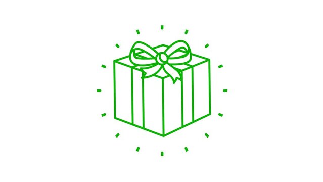 Animated icon of green gift with rays around. Symbol of present. Linear vector illustration isolated on the white background.