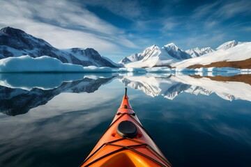 Kayaking in serene Antarctica with a canoe and paddle amidst beautiful winter landscape. Generative AI - obrazy, fototapety, plakaty