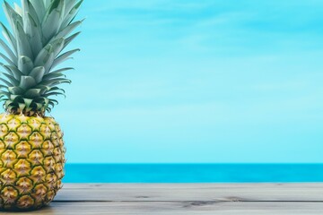 Ripe pineapple and beach-inspired objects on pastel blue wooden background. Tropical vacation concept. Banner. Generative AI