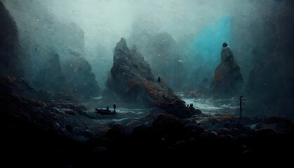 under the dark ocean many dark fishes epic photorealistic great rocks submerged underwater water on sand four drivers 8k cold colors dark tone 