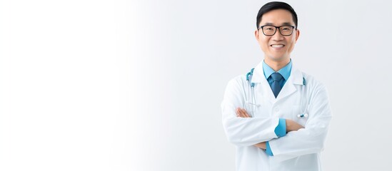 Young Asian male doctor in medical uniform smiling