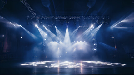 Fototapeta na wymiar Dark blue stage with spotlights lights and smoke. Illuminated stage.