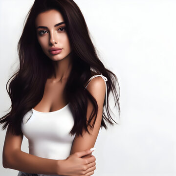 Portrait of a Mexican Woman, natural look and makeup, clothes and background in soft white