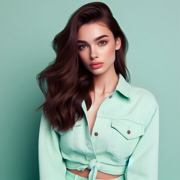 Portrait of a Colombian Woman, natural look and makeup, clothes and background in mint green

