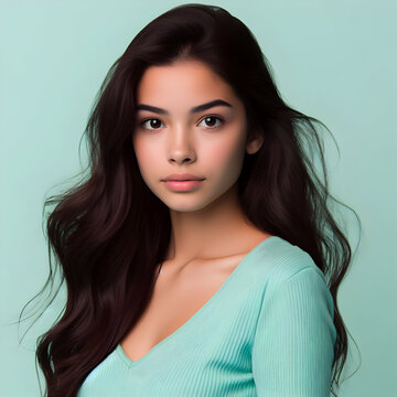 Portrait of a Colombian Woman, natural look and makeup, clothes and background in mint green