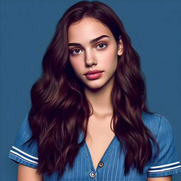 Portrait of an Argentinian Woman, natural look and makeup, clothes and background in indigo

