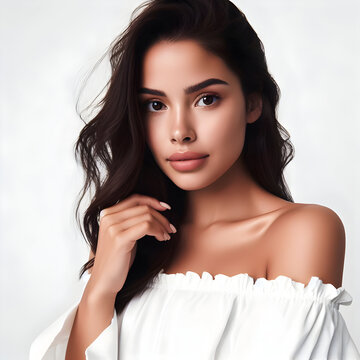 Portrait of a Mexican Woman, natural look and makeup, clothes and background in soft white

