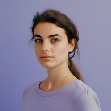 Portrait of an Italian Woman, natural look, clothes and background in periwinkle

