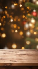 Empty wooden table with Christmas tree in background, perfect for showcasing your products or designs.