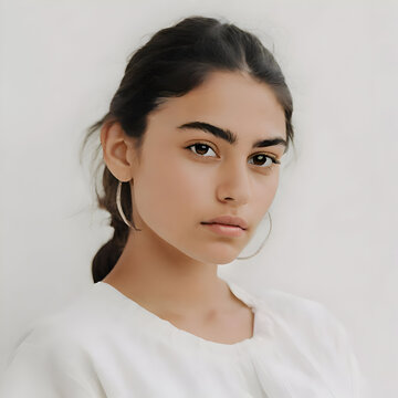 Portrait of a Mexican Woman with hoop earrings, natural look, clothes and background in ivory white
