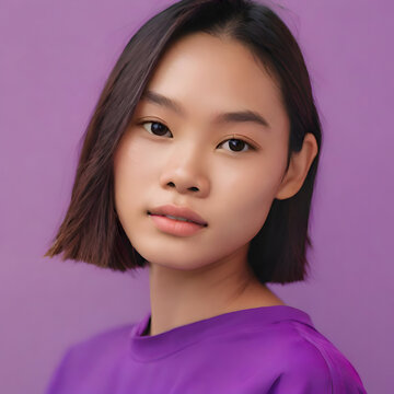 Portrait of a Filipino Woman, natural look, clothes and background in orchid

