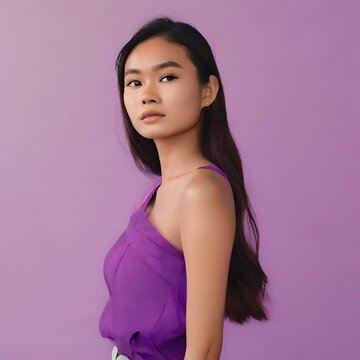 Portrait of a Filipino Woman, natural look, clothes and background in orchid
