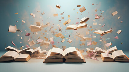 A large quantity of books scattered around with papers and pages blown by strong wind, on a mint background.