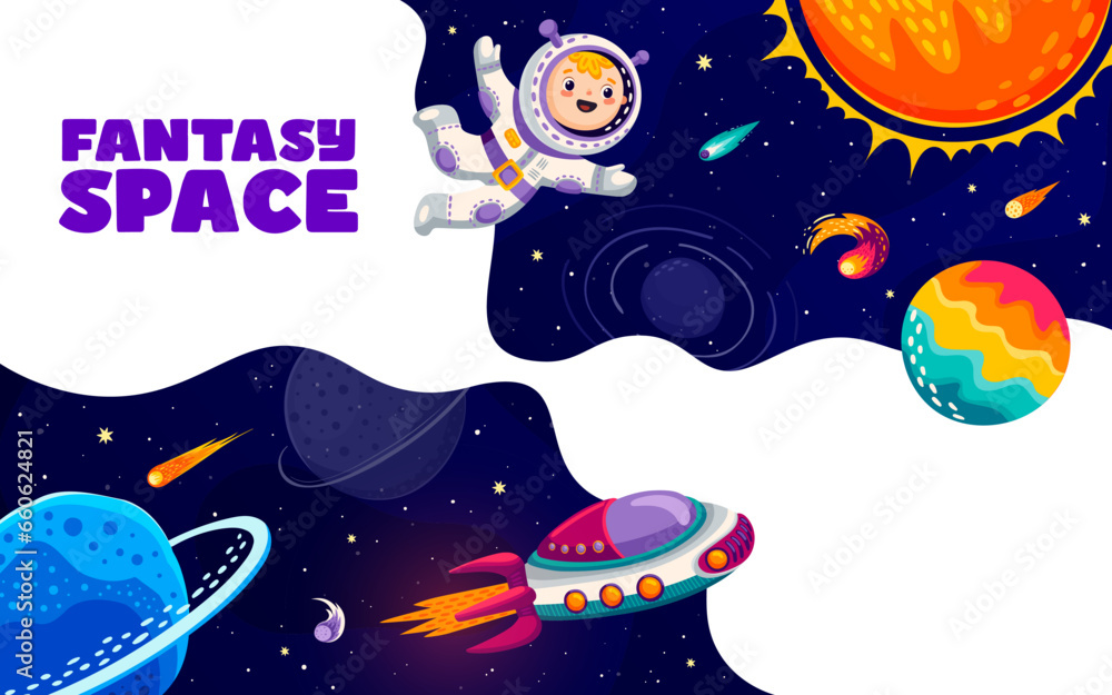 Poster space landing page, cartoon kid astronaut in spaceship and space planets, vector website template ba