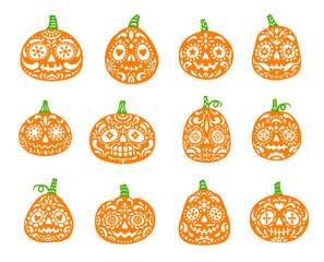 Halloween or Dia de Los Muertos party mexican pumpkin characters. Pumpkin ornate faces, Halloween holiday Jack o lanterns carvings or Mexican Day of the Dead isolated vector smiling sugar skulls set