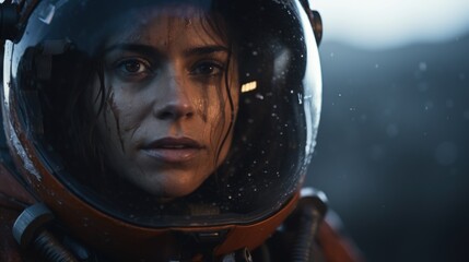 Detailed portrait of a female astronaut on a mysterious alien planet