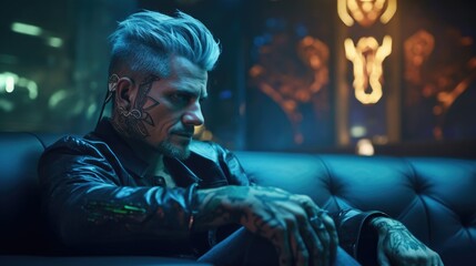 Edgy man with undercut and tattoos lounging in a neon-lit cyberpunk club - obrazy, fototapety, plakaty