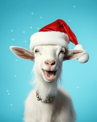 Goat humorously dressed up in festive attire, wearing a Santa Claus hat, posing against a vibrant blue background
