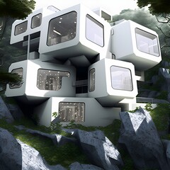 epic white modern cube shape with rounded corners no sharp angles fluid futuristic shape house windows house in extreme nonsupport cantilever on side of hill with trees and ancient stone view of  - obrazy, fototapety, plakaty