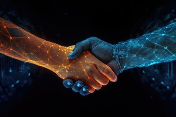 AI, Machine learning, Hands of robot and human touching on big data network connection background,