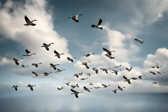 A flock of geese flying in a V formation.