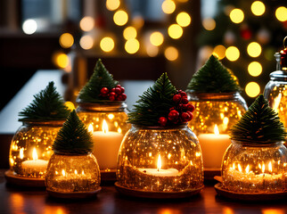 Cozy Christmas gifts closeup artificial light.