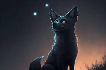 Cute Handsome Black Fox with a Smile looking up at the Sky Moon at the background Concept Art Light Mode Dark Mode Underdimensional Excessivelydimensional UltraHD Happy Infused Divine Glowing 