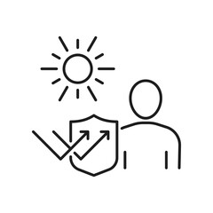SPF, sunscreen, sun ultraviolet protection icon. Summer vacation symbol. Vector man using spf and ultraviolet protection shield, sunscreen products sign