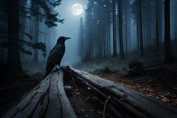 black raven scene with moon - obrazy, fototapety, plakaty