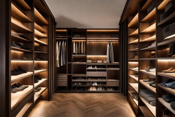 a walk-in closet with custom-built shelving and lighting.