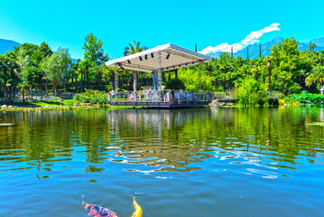 Der Seerosenteich in den Gärten von Schloss Trauttmansdorff in Meran, Südtirol (Italien)