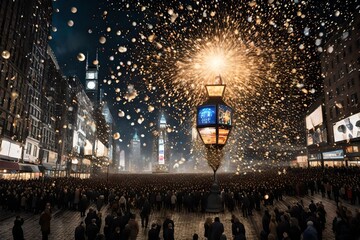 a traditional New Year's Eve ball drop in a bustling city square.