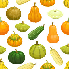 Raw zucchini, pumpkin, squash and butternut seamless pattern with autumn harvest vegetables. Vector background with fresh farm green zucchini and squash, orange pumpkin and yellow butternut veggies