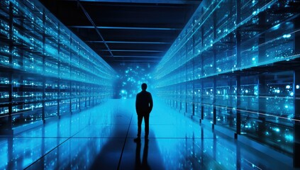 Data Center with Business Person in Tron Neon Lights