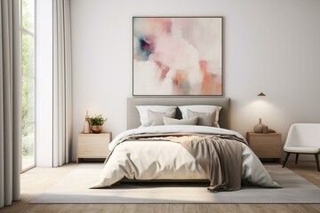 3D illustration of a contemporary bedroom with a mock-up poster frame exhibiting a bohemian style. Generative AI