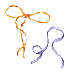 Set of golden bow, blue ribbon. Bows with long ribbons. For decorating gifts, flower bouquets, cards, congratulations. Birthday, Valentine day, Christmas. Watercolor illustration