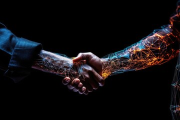 AI, Machine learning, Hands of robot and human touching on big data network connection background, - obrazy, fototapety, plakaty