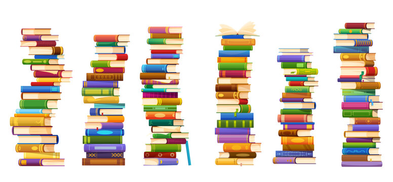 High book stacks. University library textbook stack, science teaching, best seller novel heap or college education cartoon vector books group. School literature reading, dictionary isolated piles