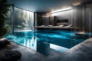 a breathtaking indoor swimming pool with a waterfall.